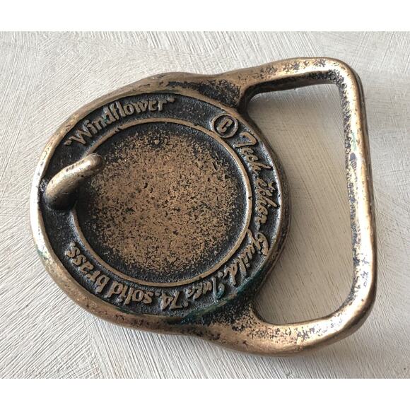 Vintage 1974 Solid Brass Belt Buckle Windflower Hippie Boho Tech Ether Guild - Picture 3 of 10